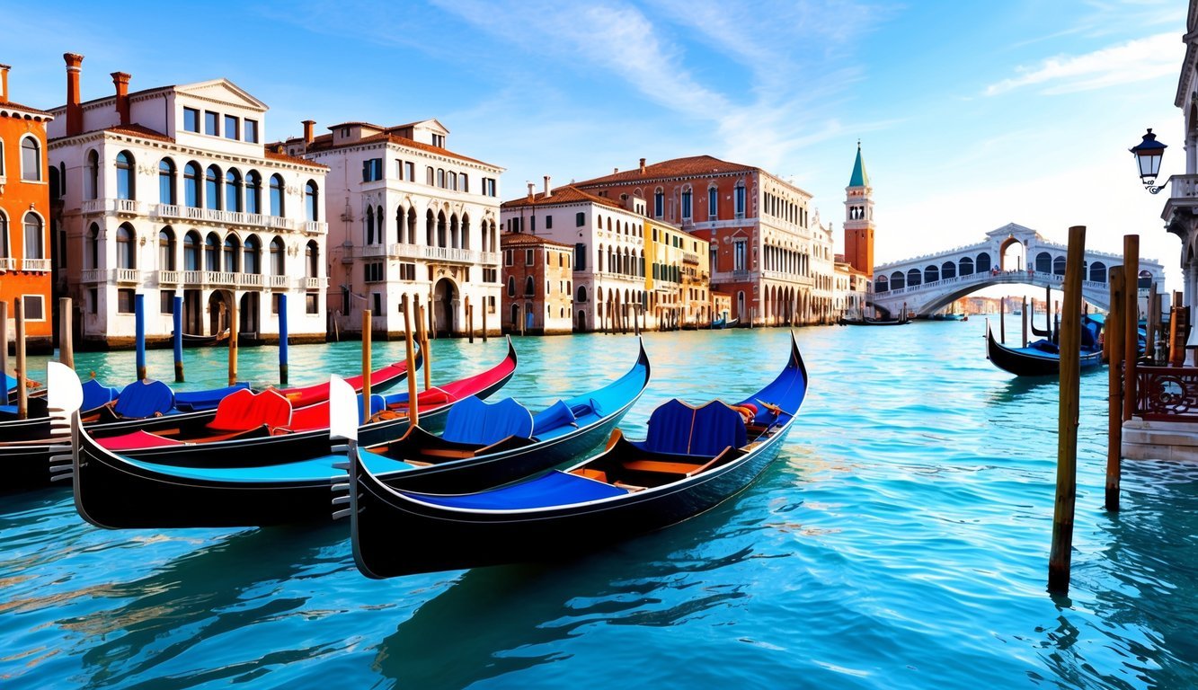 Colorful gondolas floating on the tranquil waters of the Grand Canal, with historic buildings and ornate bridges lining the picturesque waterway