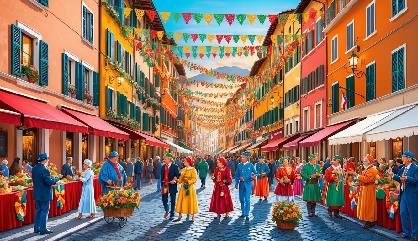 Vibrant festivals and colorful decorations fill the streets of Italy, with locals and tourists alike celebrating the seasonal events