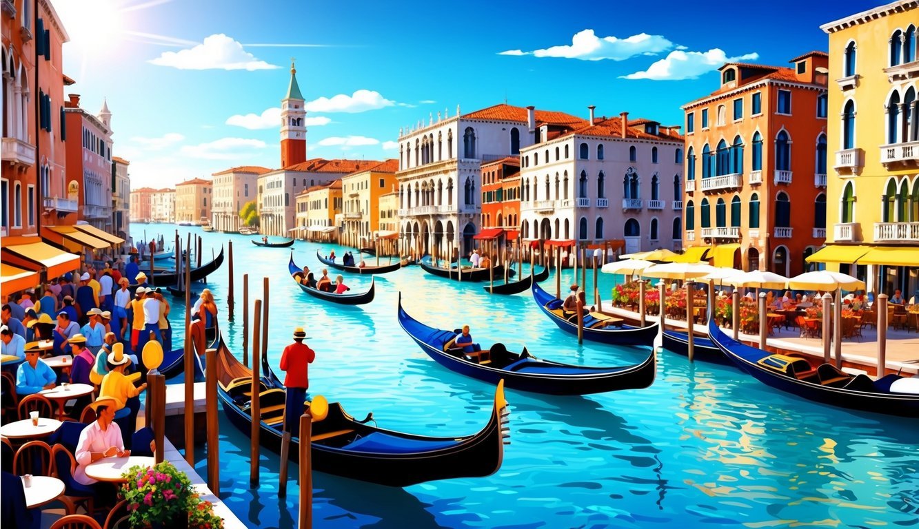 Crowded streets of Venice with gondolas on the canals, historic buildings, and bustling cafes.</p><p>Bright blue skies and warm sunlight create a picturesque scene