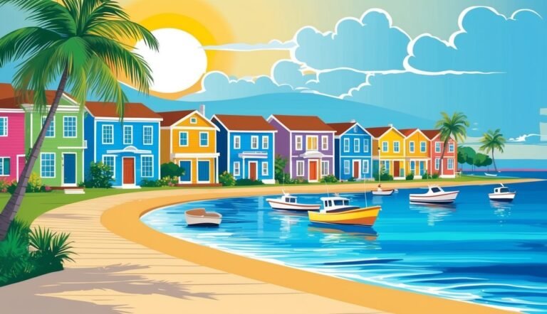 Colorful houses line a beach with boats, palm trees, and a bright sun