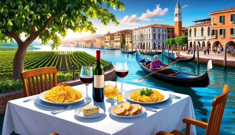 Table set for meal with gondolas on canal in Venice