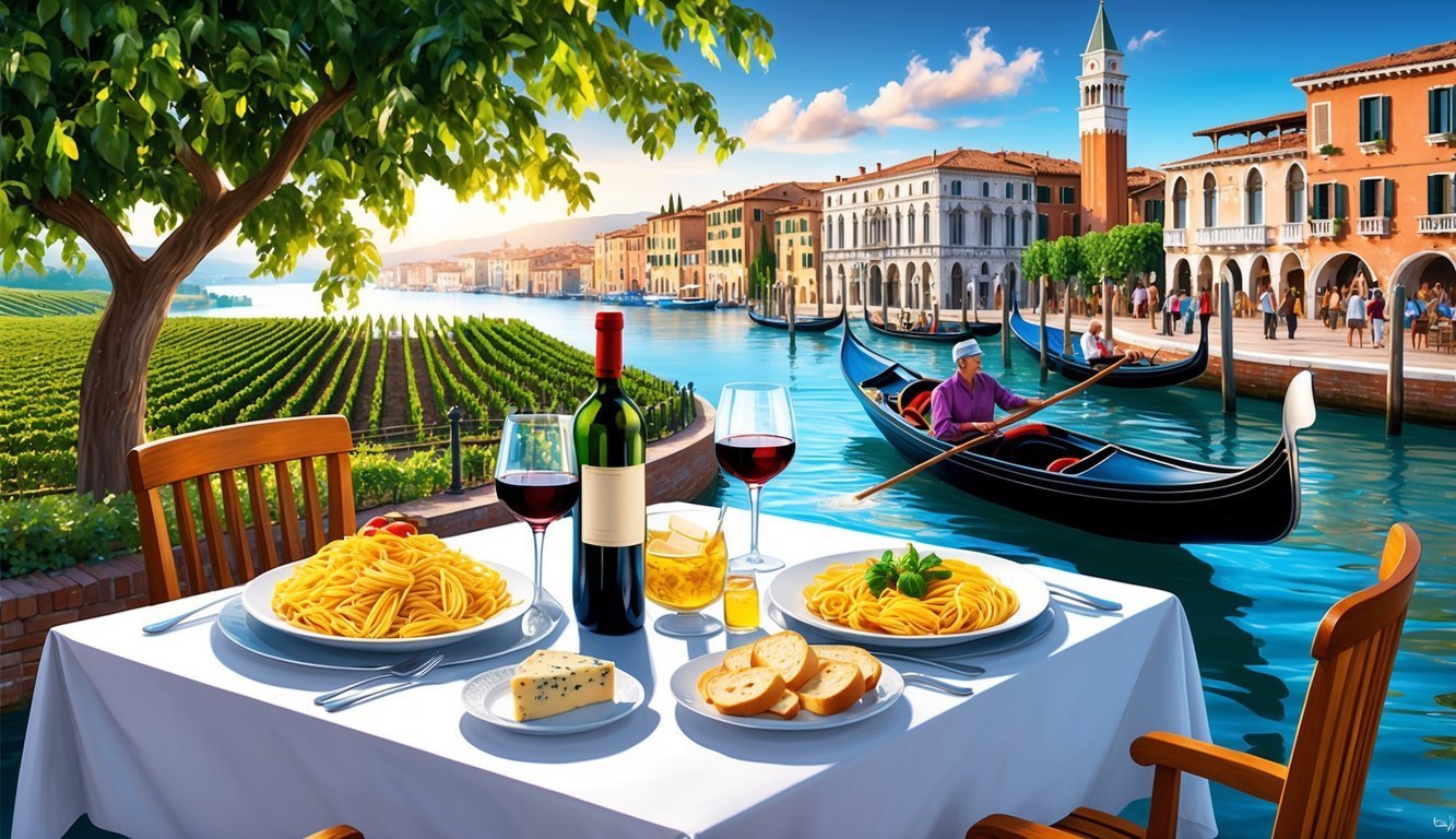 Table set for meal with gondolas on canal in Venice