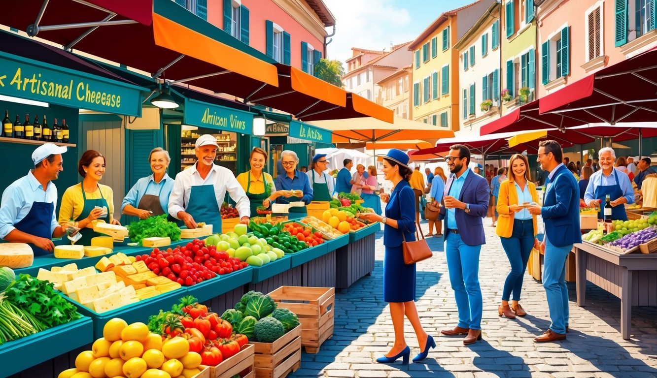 A bustling outdoor market with colorful stalls selling fresh produce, artisanal cheeses, and local wines, while locals and tourists mingle and chat animatedly