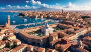 Aerial view of a coastal Italian city with harbor and buildings