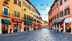 Colorful buildings line a cobblestone street with people and festive bunting