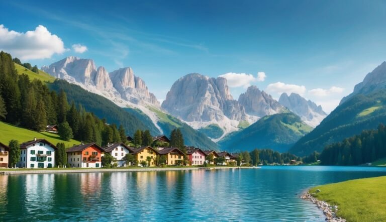 Colorful houses line a lake with mountains in the background under a blue sky