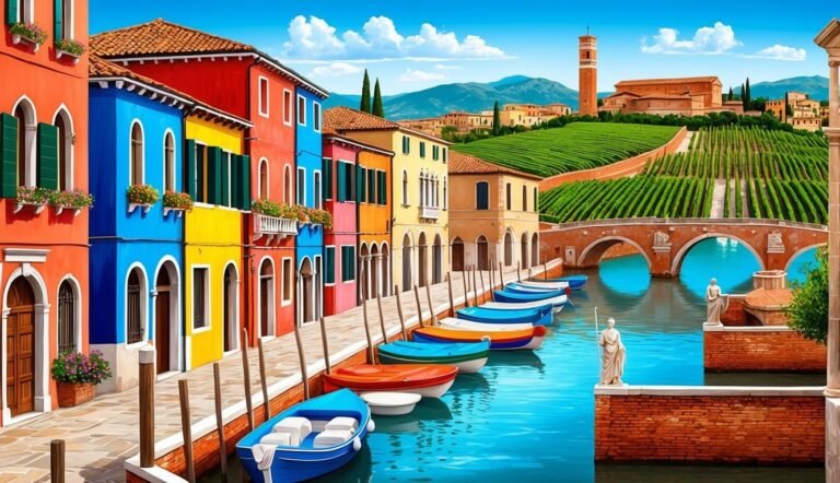 Colorful buildings line a canal with boats, bridge, and distant vineyard