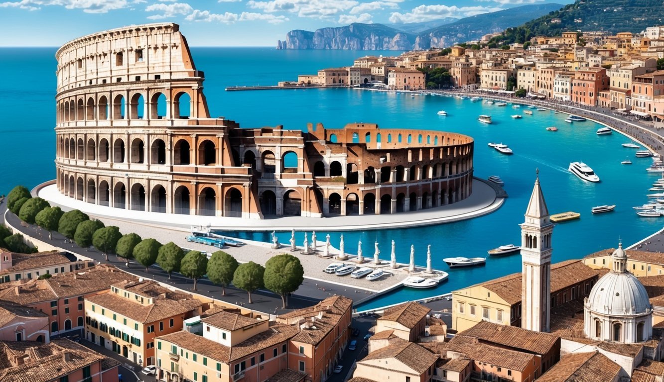 An aerial view of the Colosseum in Rome, the canals of Venice, and the stunning coastline of the Amalfi Coast