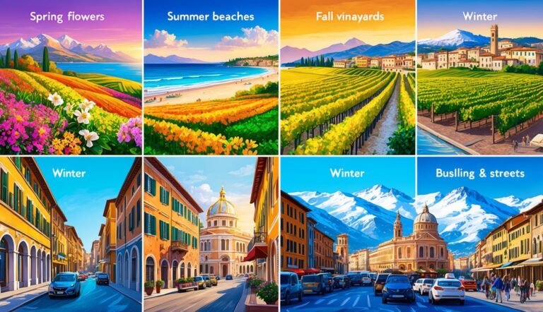 Four seasons represented by landscapes: flowers, beaches, vineyards, and city streets