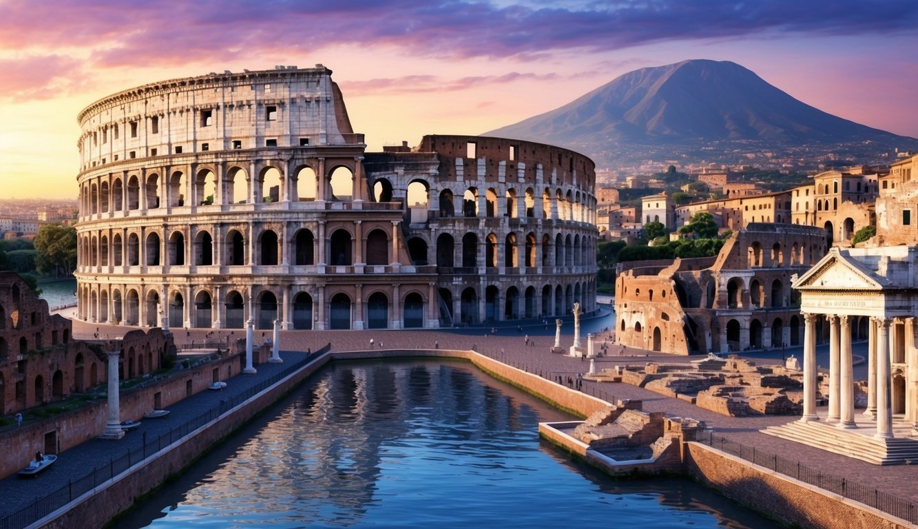 The Colosseum in Rome stands against a sunset sky, while the ruins of Pompeii lay in the shadow of Mount Vesuvius, and the canals of Venice wind through the city