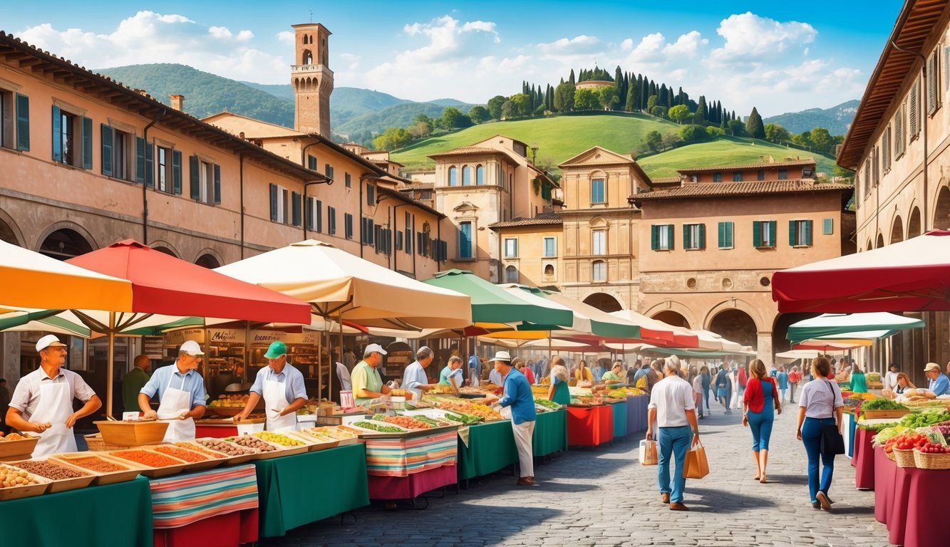 A bustling outdoor market in Italy with colorful stalls selling local cuisine, surrounded by historic architecture and a scenic backdrop of rolling hills