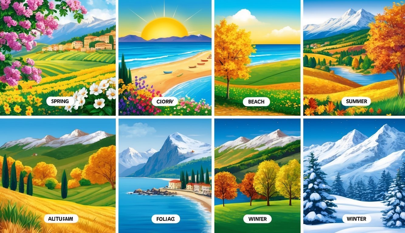 A scenic landscape of Italy with six distinct seasons highlighted, such as blooming flowers in spring, sunny beaches in summer, colorful foliage in autumn, and snow-capped mountains in winter