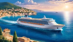 Cruise ship sailing past a coastal town at sunset