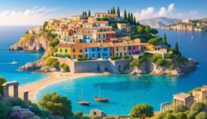 Colorful coastal village on a hill overlooking a turquoise bay with boats
