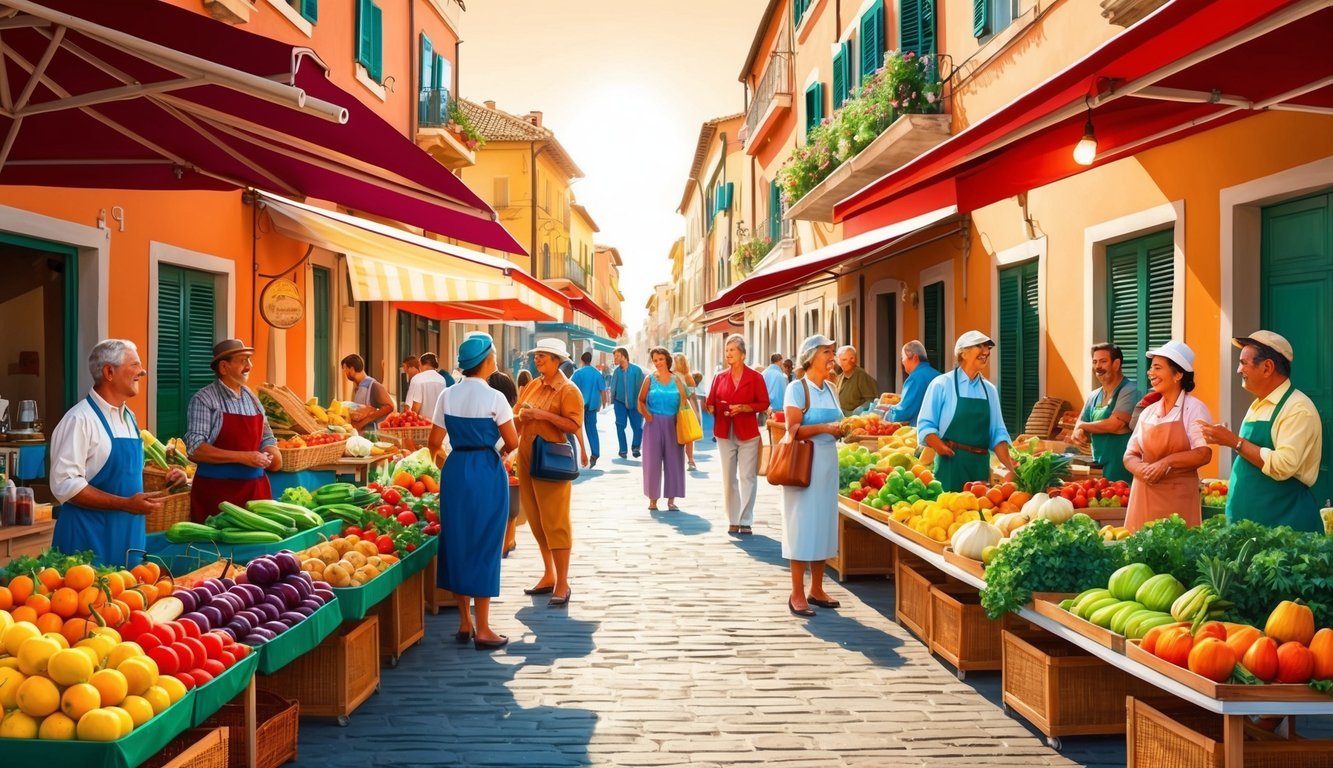Vibrant street market with colorful produce, traditional crafts, and locals chatting in the warm southern Italian sun