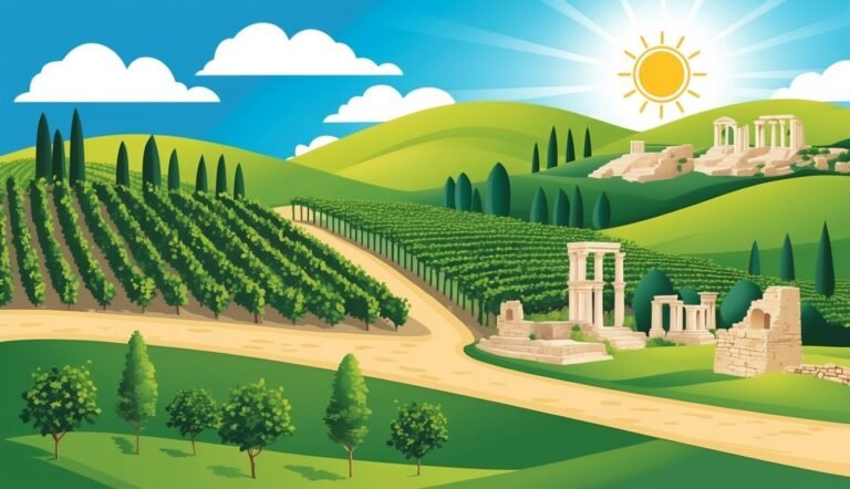 Vineyard landscape with ancient ruins, rolling hills, and a bright sun