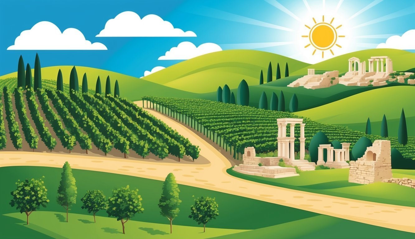 Vineyard landscape with ancient ruins, rolling hills, and a bright sun