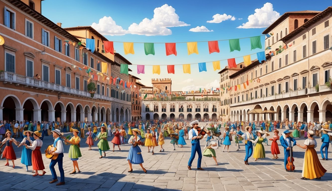 A bustling Italian piazza adorned with colorful banners and lively music, surrounded by historic buildings under a clear, sunny sky