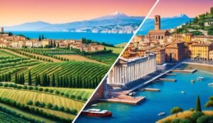Split image: Italian landscape with vineyards, town, and coastal architecture