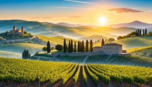 Vineyard landscape with rolling hills, buildings, and a sunset