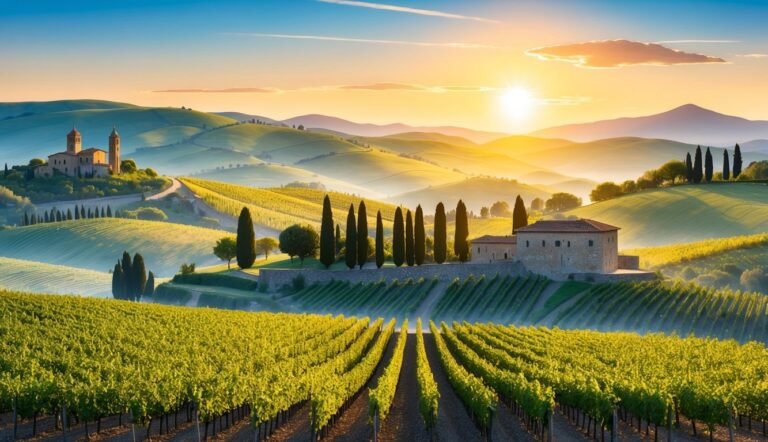 Vineyard landscape with rolling hills, buildings, and a sunset