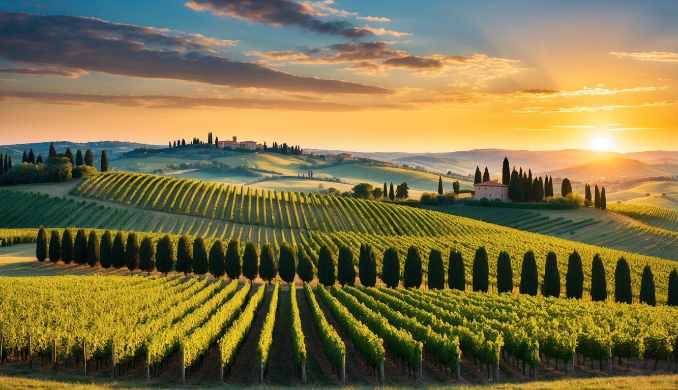 The rolling hills of Tuscany stretch out under a golden sunset, with rows of vineyards and cypress trees leading to a distant village