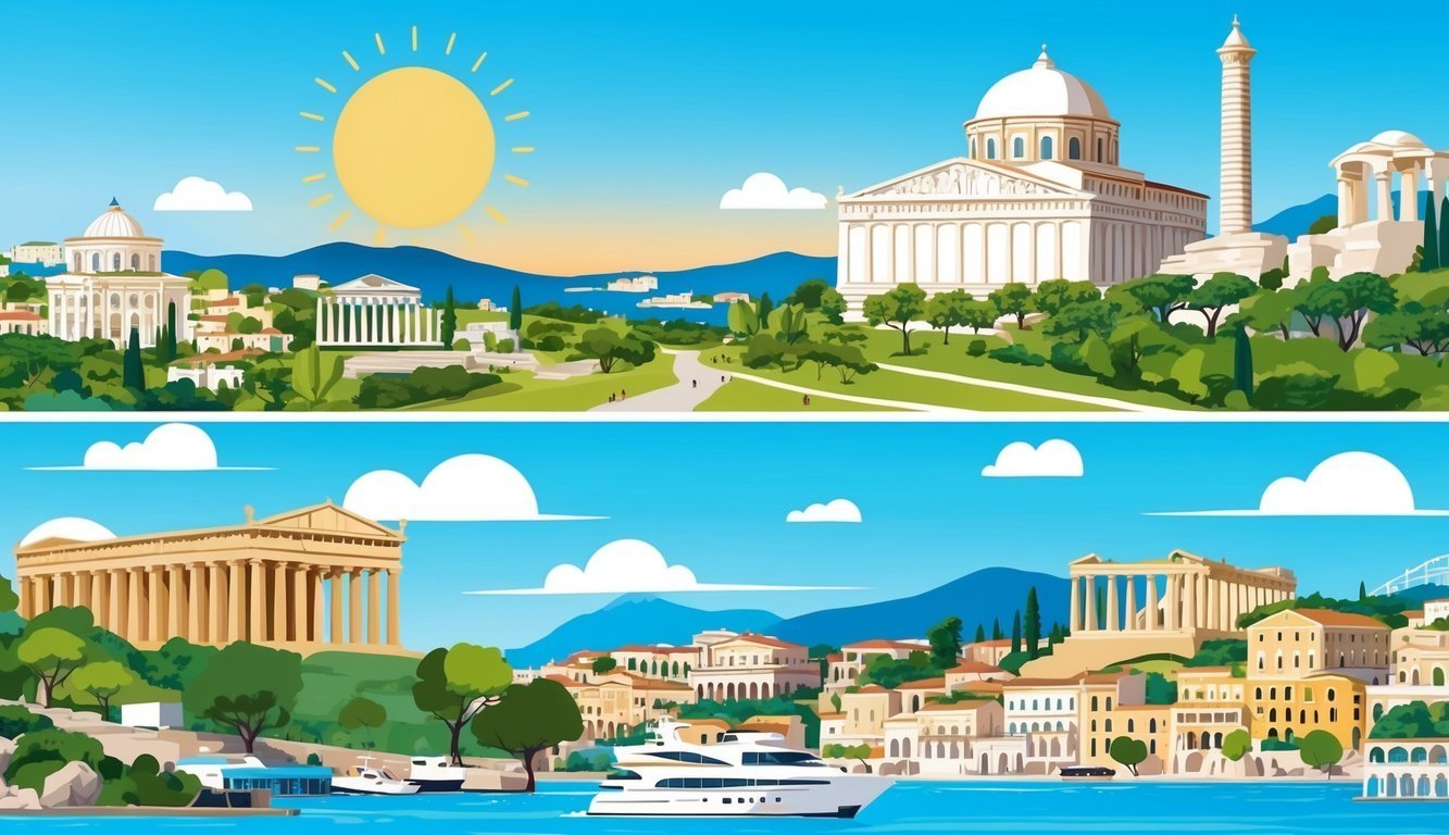 Stylized illustration of ancient Greek architecture and a yacht on the water