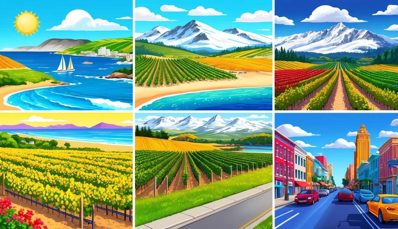 A scenic landscape with changing seasons, including sunny beaches, colorful vineyards, snow-capped mountains, and vibrant city streets