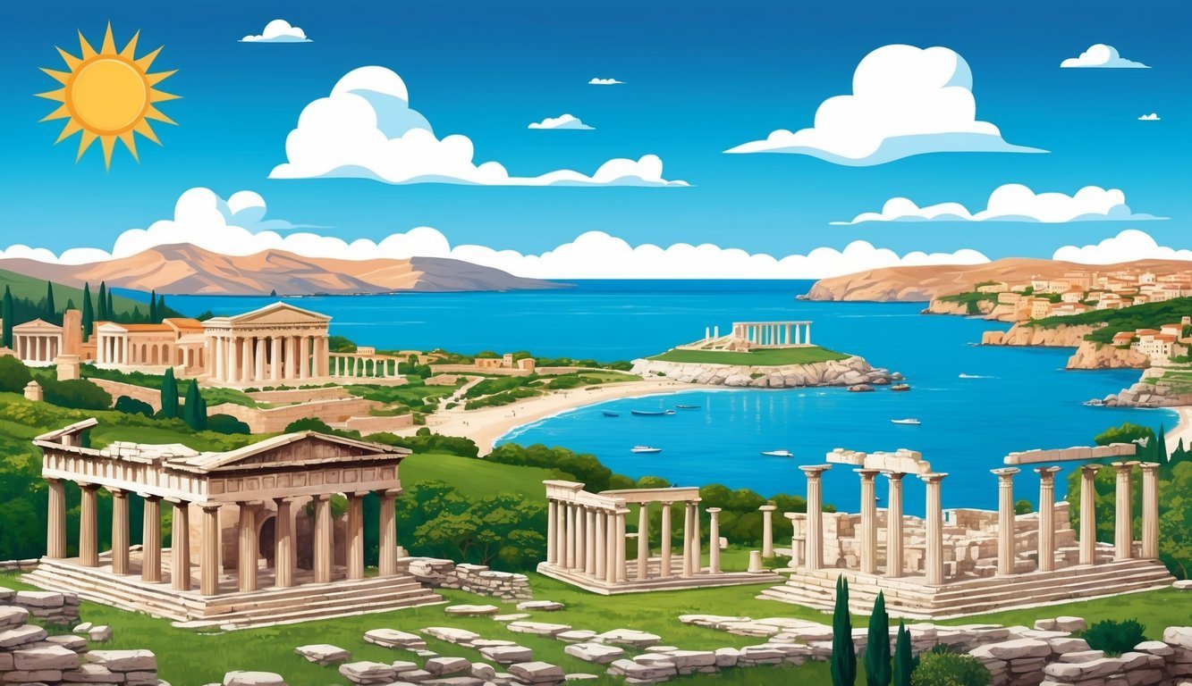 Sunny skies over ancient ruins and coastal landscapes in Italy and Greece