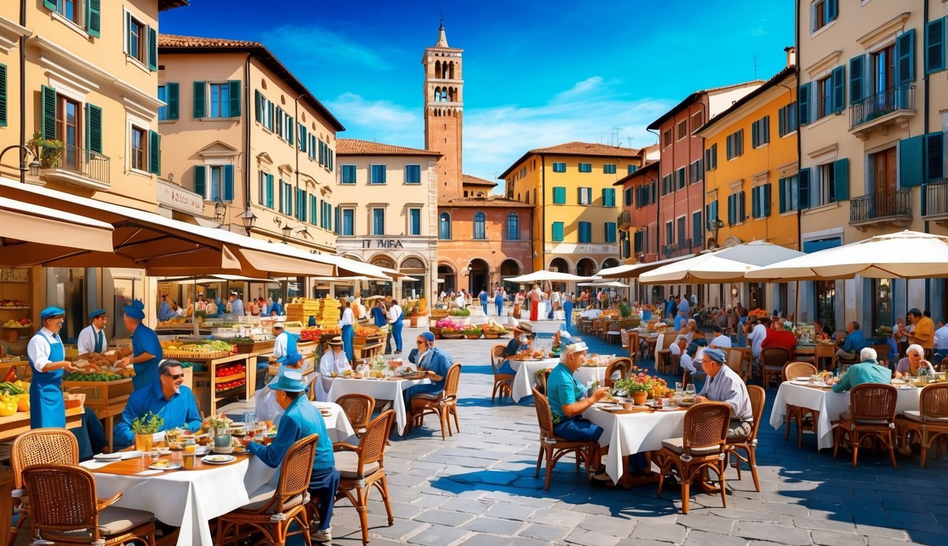 A bustling Italian piazza filled with outdoor markets, street performers, and locals enjoying al fresco dining under clear blue skies