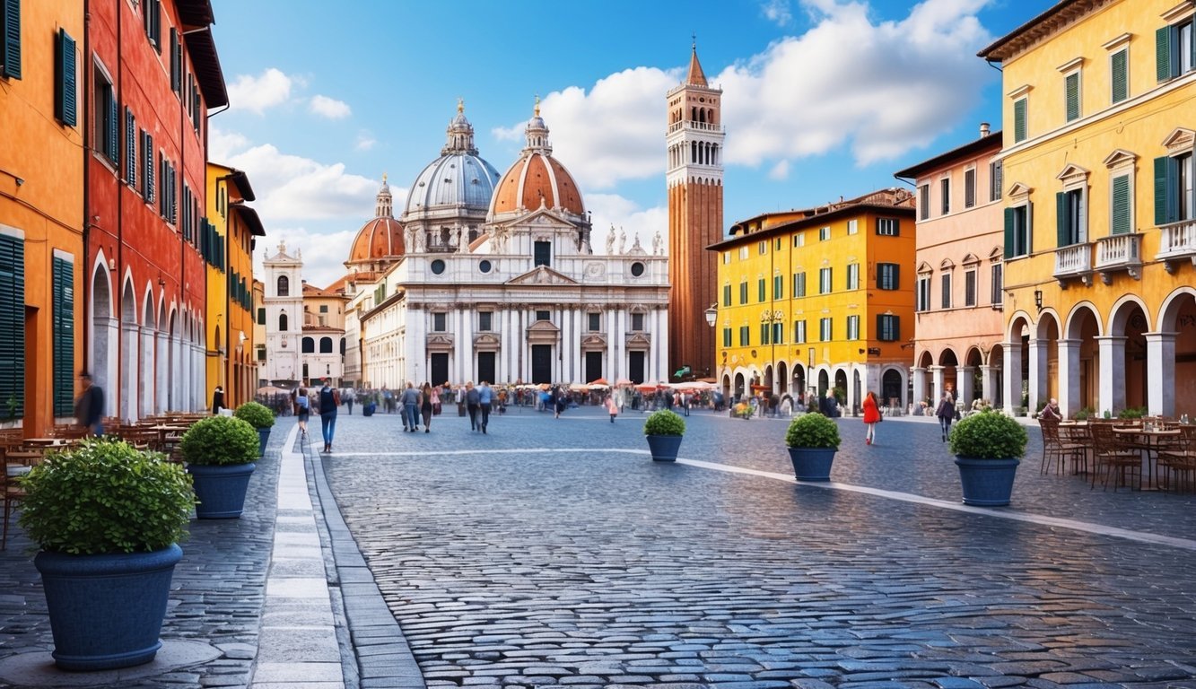 A bustling Italian piazza with iconic landmarks in the background, surrounded by charming cobblestone streets and colorful buildings