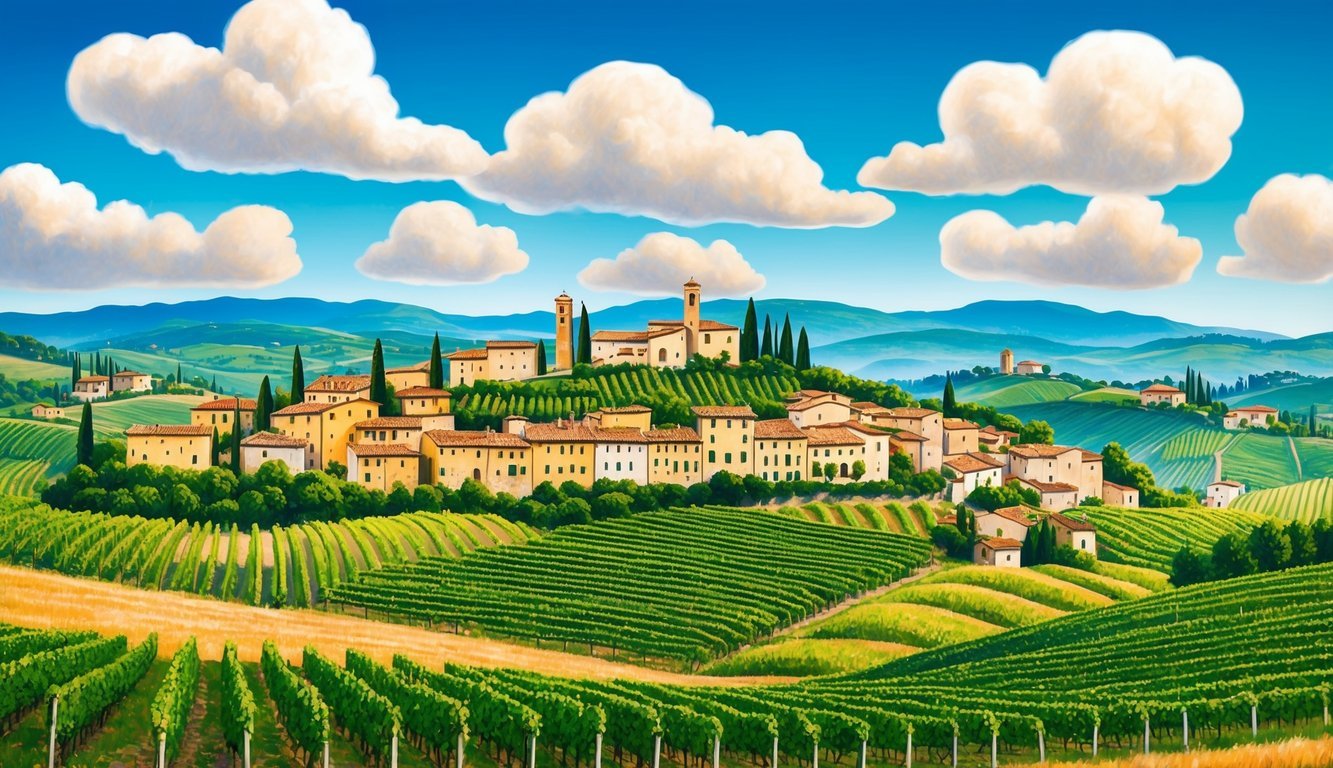 A picturesque Italian landscape with rolling hills, vineyards, and charming villages under a clear blue sky with puffy white clouds