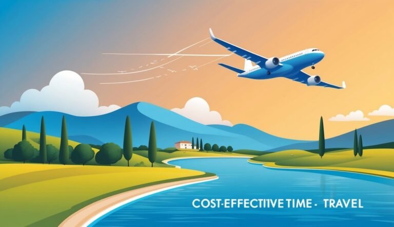 Blue airplane flying over a landscape with water and mountains