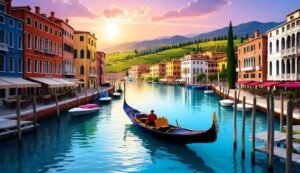 Venice canal scene with gondola, colorful buildings, and sunset
