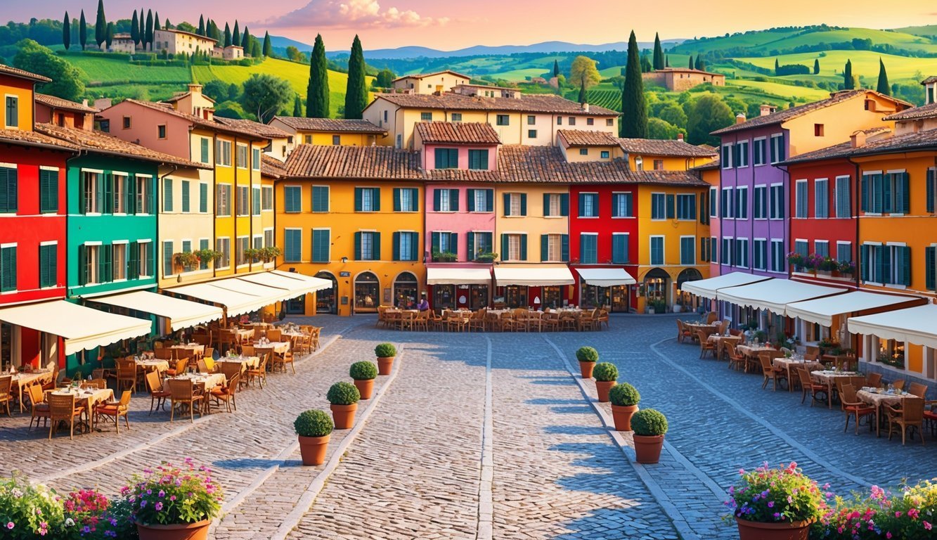 Colorful buildings surround a cobblestone square with outdoor dining and potted plants