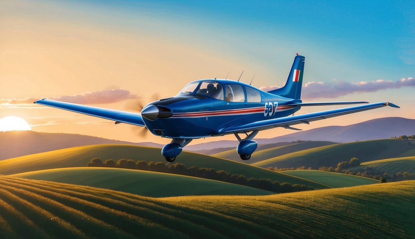 A plane flying over the Italian countryside at sunset, with a clear blue sky and rolling hills below
