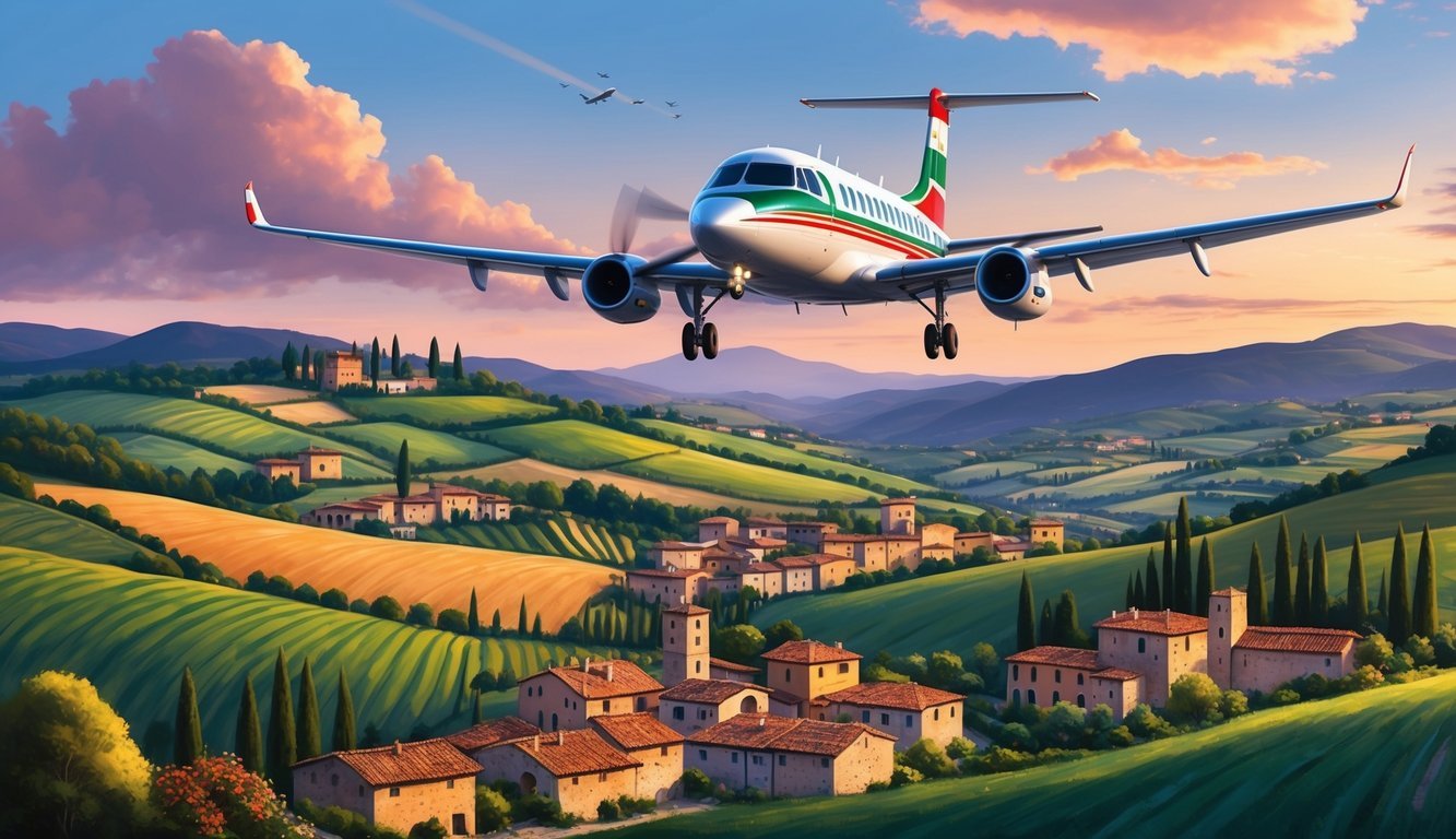 A plane flying over the Italian countryside at sunset, with rolling hills and picturesque villages below