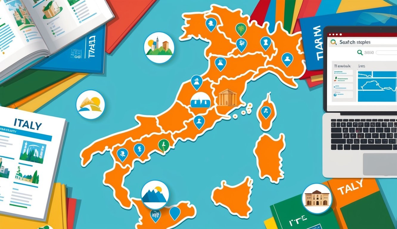 A map of Italy with icons representing popular destinations, surrounded by travel brochures and a computer displaying search results