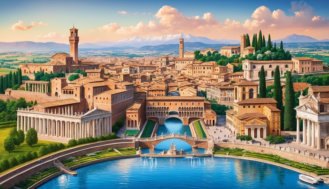 A panoramic view of iconic Italian landmarks, including ancient ruins, medieval architecture, and picturesque landscapes