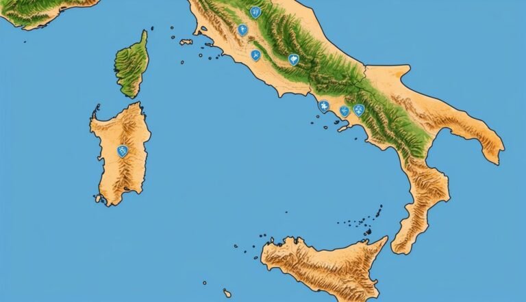 Map of Italy with weather icons, showing land elevation and sea