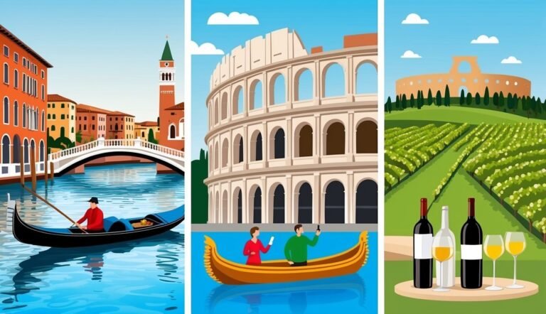 Venice, Rome, and vineyard scenes in a travel-themed illustration