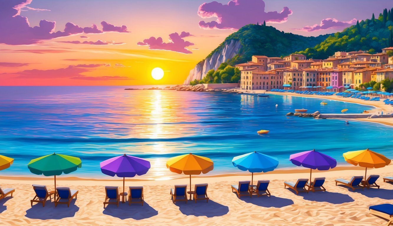 Sunset over Italian coastline with vibrant beach hotspots, including colorful umbrellas, clear blue water, and sandy shores