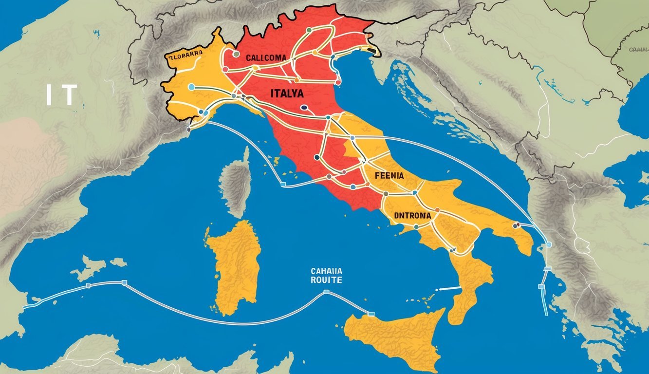 A map of Italy with four different tour routes highlighted