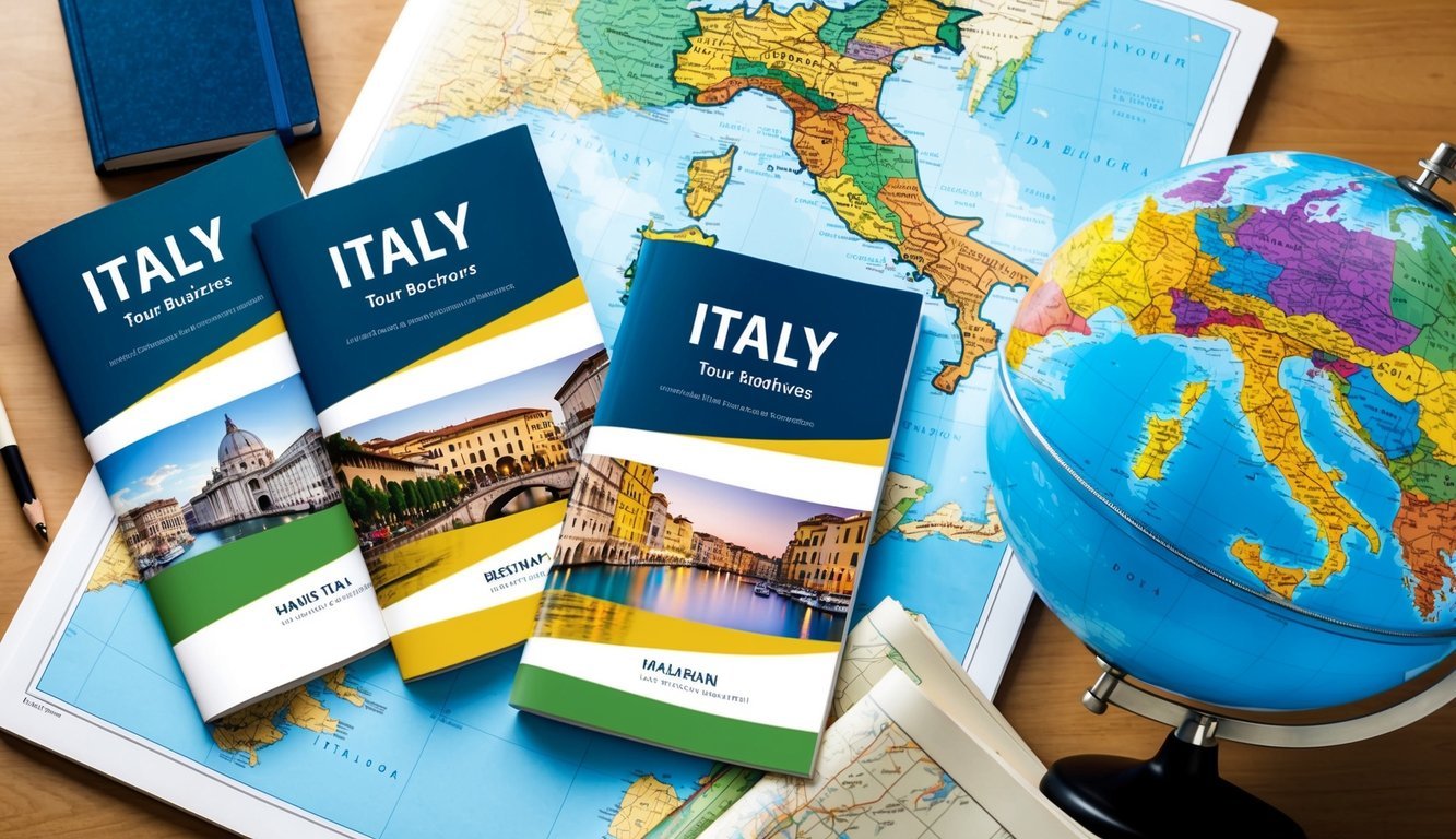 Three Italy tour brochures arranged on a table, surrounded by travel guides and maps.</p><p>A globe sits nearby, with Italy prominently displayed