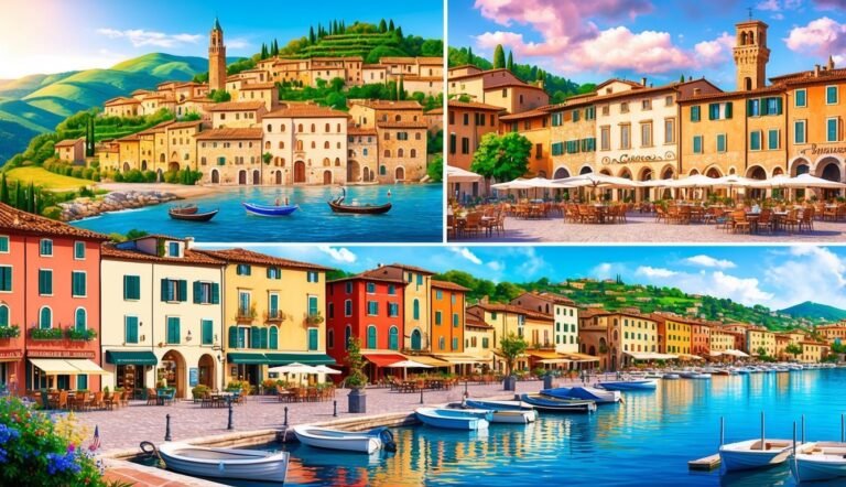 Four colorful images of a coastal Italian town with boats and buildings