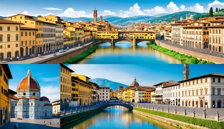Panoramic view of Florence, Italy, with bridges, buildings, and the Duomo