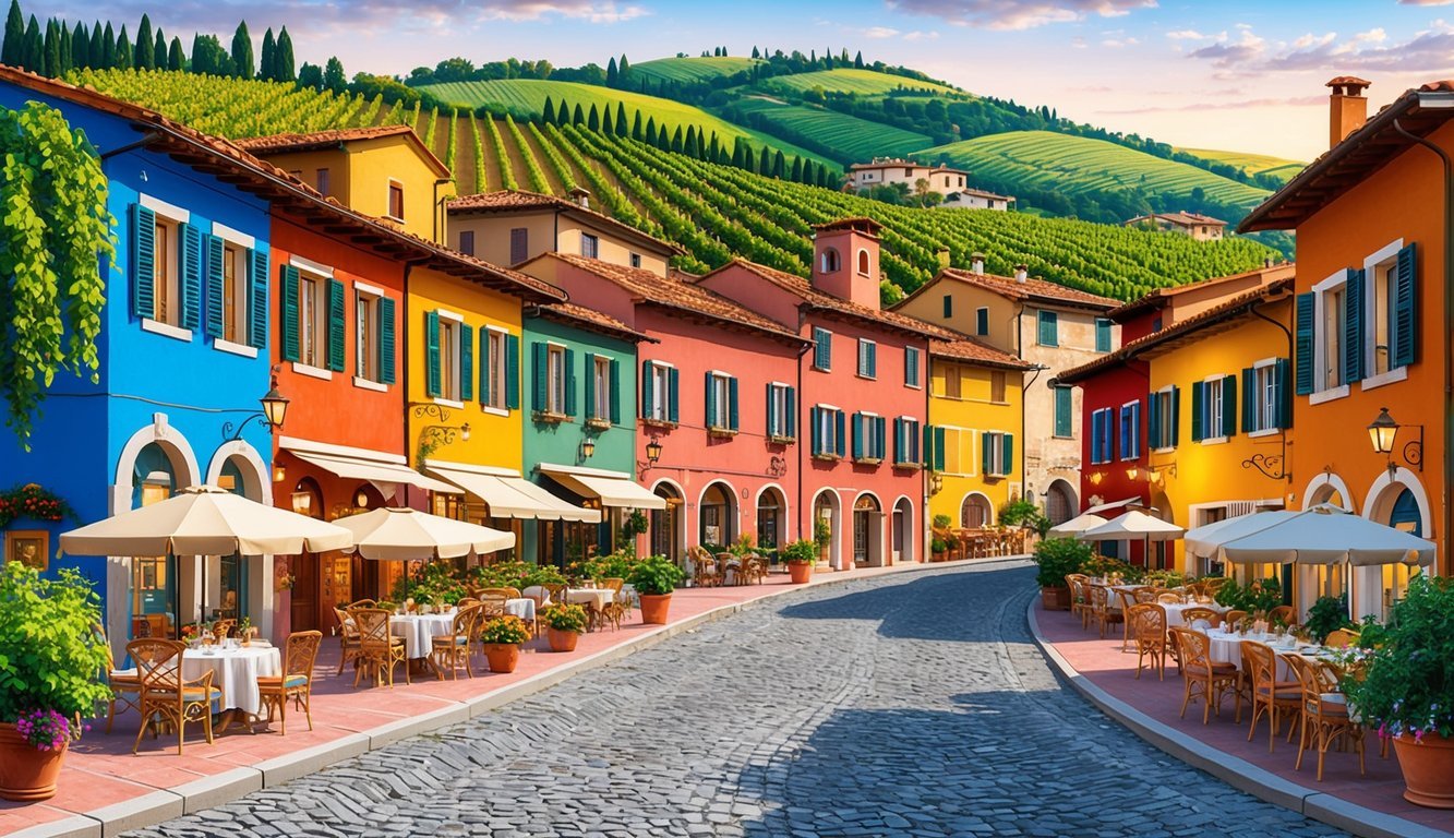 A picturesque Italian village with colorful buildings, cobblestone streets, bustling cafes, and a backdrop of rolling hills and vineyards