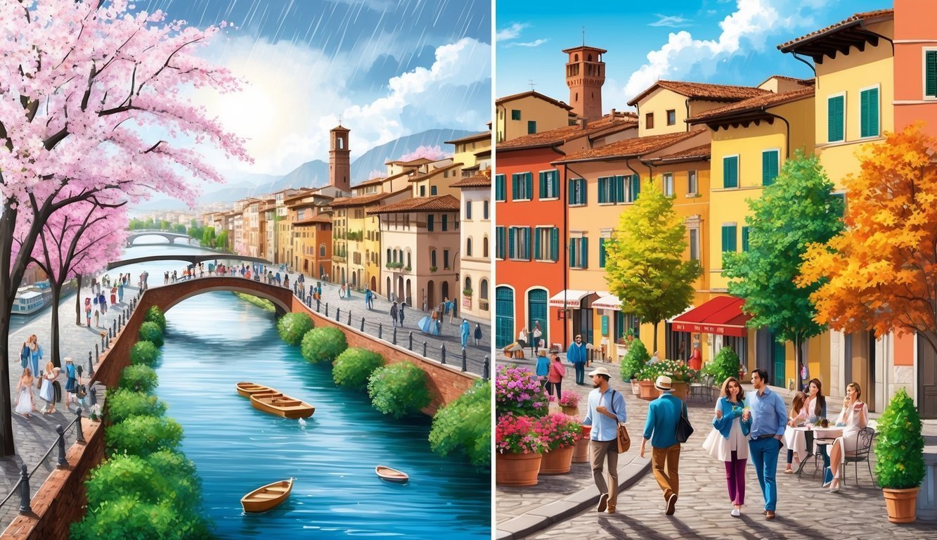 Spring: Cherry blossoms bloom along the Arno River, while gentle rain showers bring the city to life.</p><p>Summer: The sun shines brightly over terracotta rooftops as locals and tourists alike enjoy gelato.</p><p>Autumn: Vibrant foliage adorns the city's streets, creating a picturesque backdrop for leisurely strolls