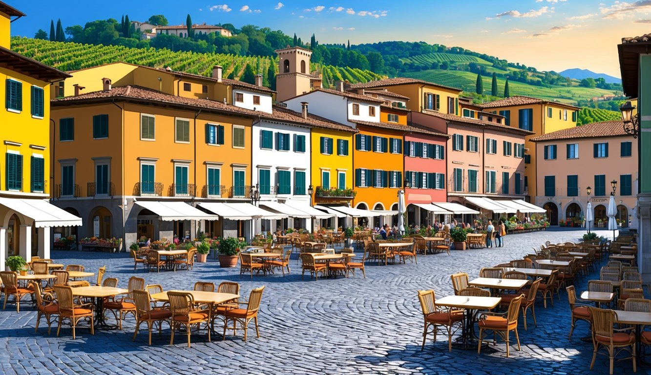 A bustling Italian piazza with colorful buildings, outdoor cafes, and cobblestone streets.</p><p>A backdrop of rolling hills and vineyards completes the picturesque scene