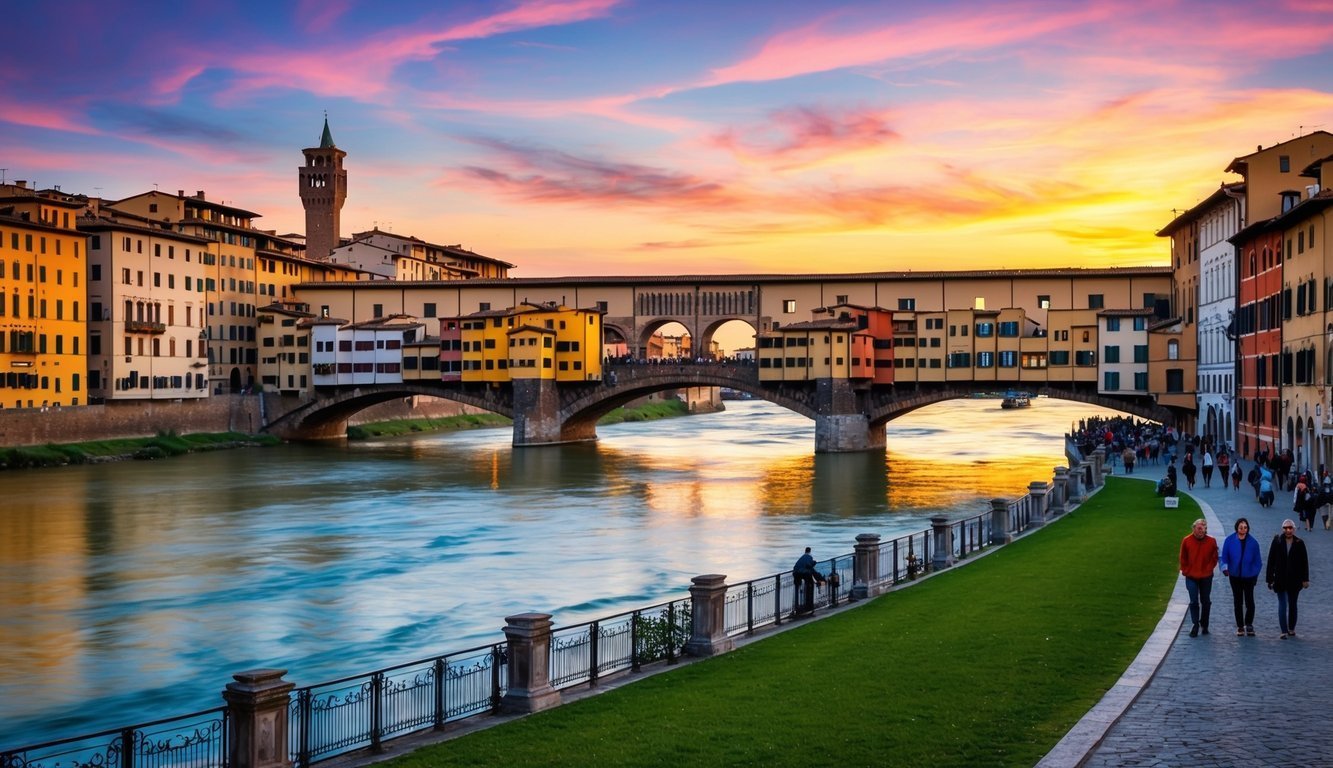 Ponte Vecchio bridge in Florence, Italy, at sunset over the Arno River